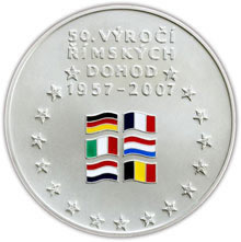 Náhled Reverzní strany - Stříbrná investiční medaile - 50. výročí Římských dohod – vznik EU