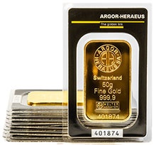 Náhled - Argor Heraeus SA 50 gramů - Investiční zlatý slitek - Set 10 ks slitků