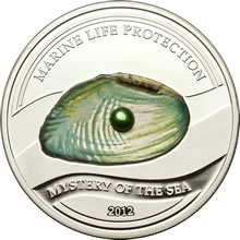 Náhled Reverzní strany - 2012 Palau -  Marine Life - Mince s perlou (Mystery of the Sea) Ag